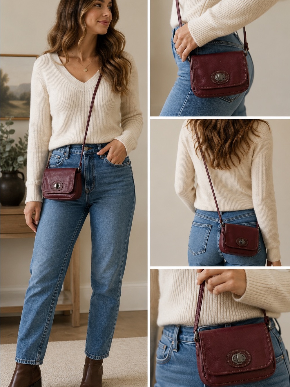 Vintage Fossil Burgundy Leather Mini Crossbody Purse Y2K Turn Lock Bag